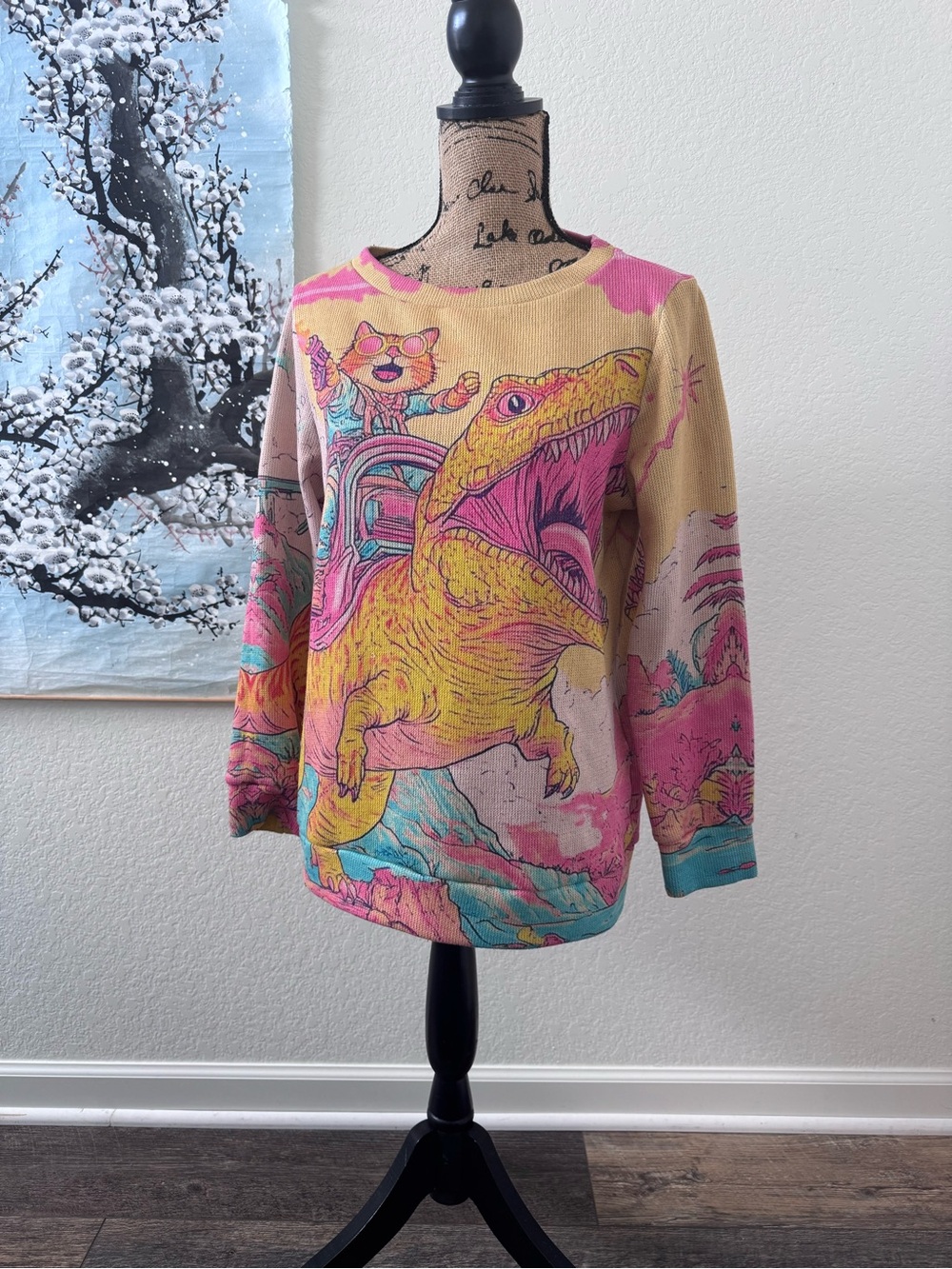 Unhinged Cat Riding Dinosaur T-Rex Laser Gun Sweater Pullover Medium
